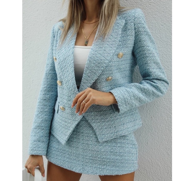 Jackets & Blazers - Light Blue Tweed Blazer & Skort Matching Set Size XS